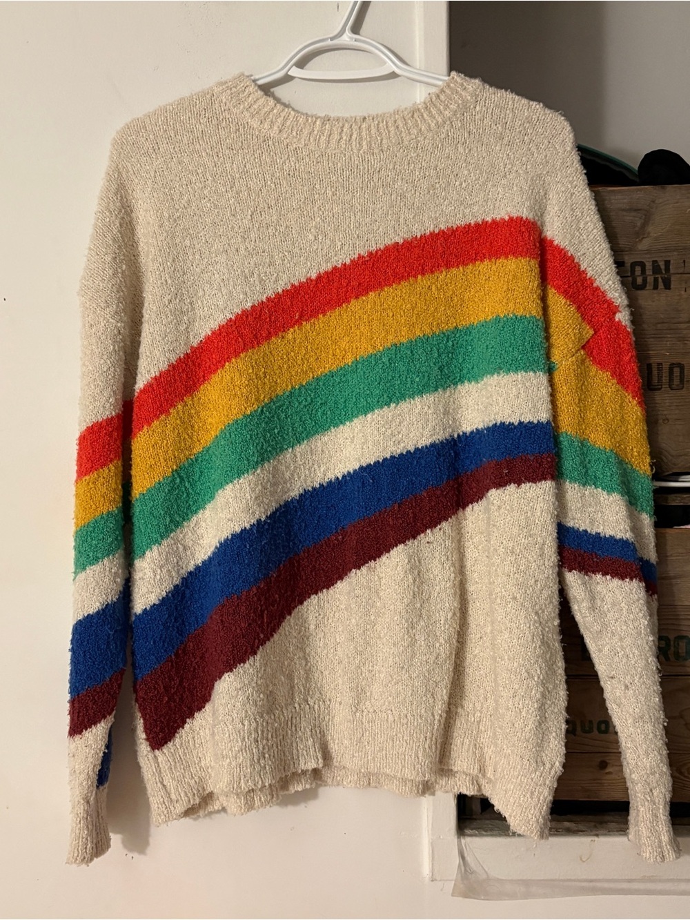 SHEIN Cozy Rainbow Stripe Crewneck Sweater - Cream Size Large